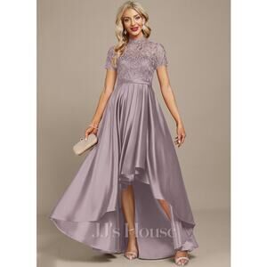 JJ's House A-line High Neck Illusion Asymmetrical Satin Lace Cocktail Dress 8